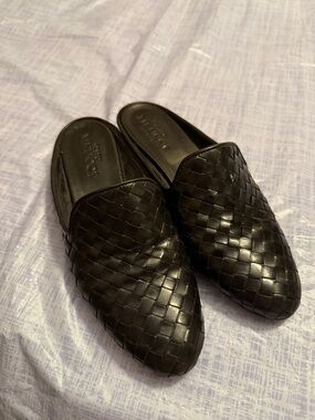 Sesto Meucci Black Woven Leather Slip-On Mules